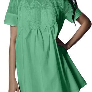 Women's Cotton Lace Mini Dress Ruffled Collar Short Sleeve Flared A-Line